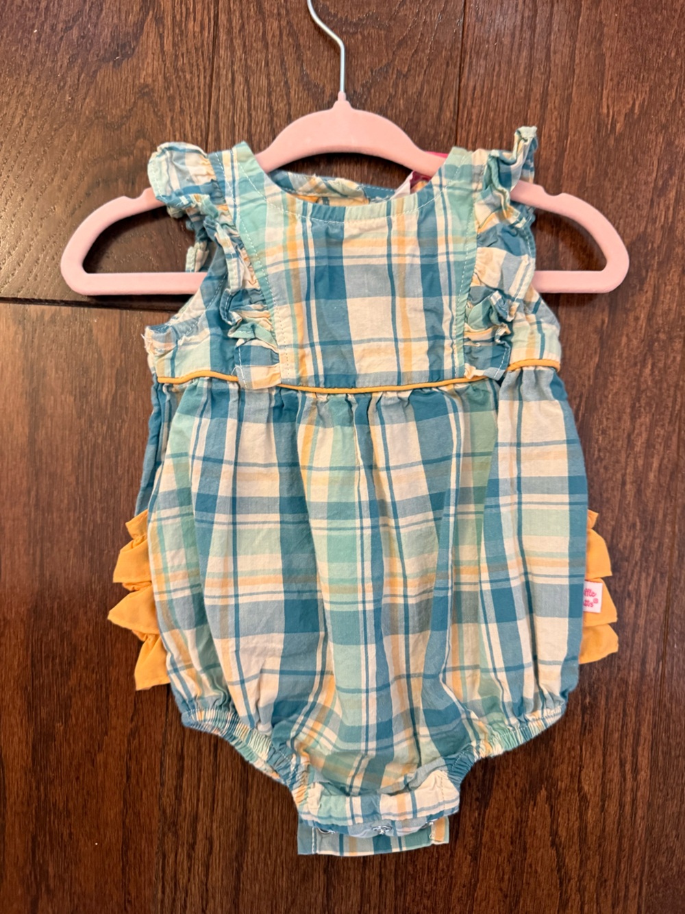 Plaid Ruffle Romper in Blue, Cream & Yellow - Baby